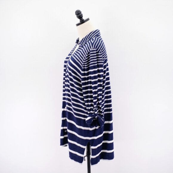 Chicos XL Top Size 3 Blue White Button Front Striped Rolled Tab Collared Long Sl - Picture 6 of 10